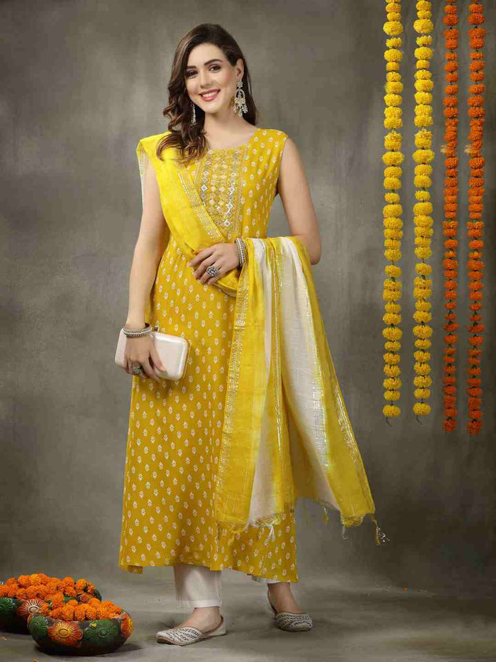 Printed &amp; Embroidered Rayon A-Line Kurta with Dupatta