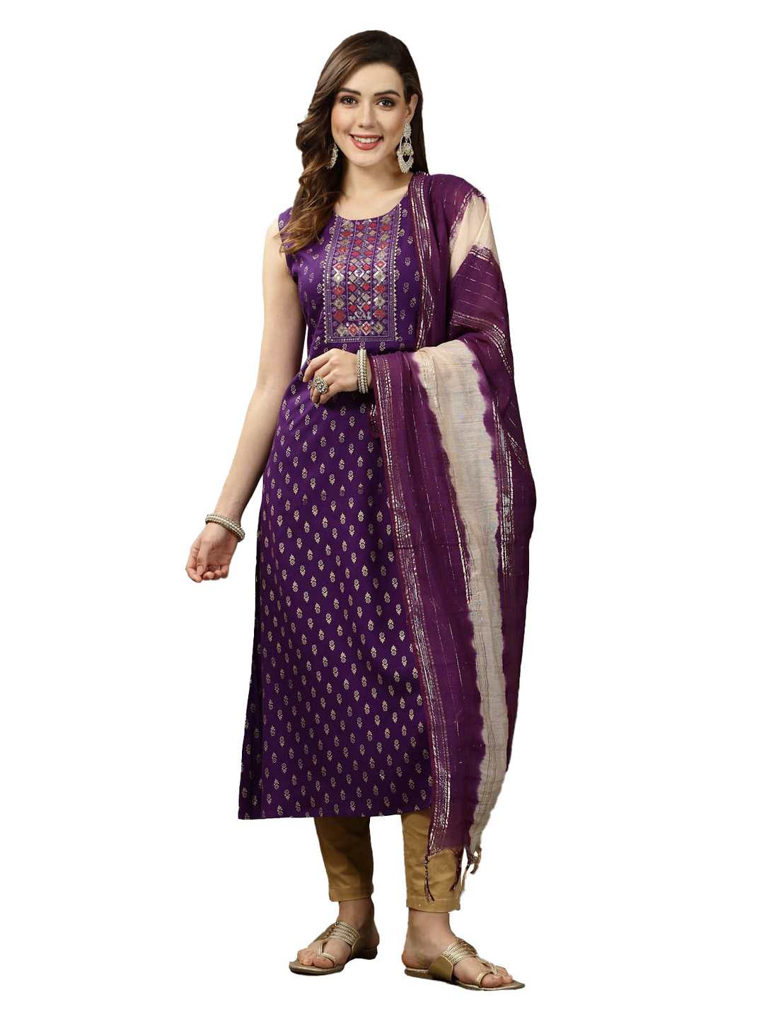 Printed &amp; Embroidered Rayon A-Line Kurta with Dupatta