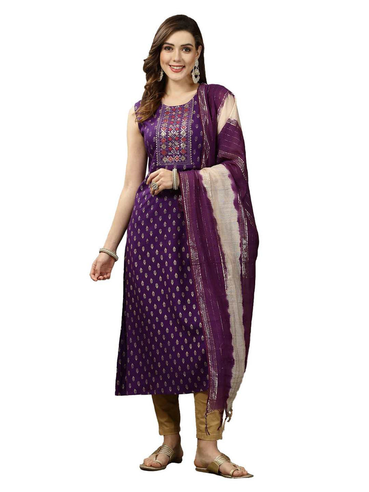 Printed &amp; Embroidered Rayon A-Line Kurta with Dupatta