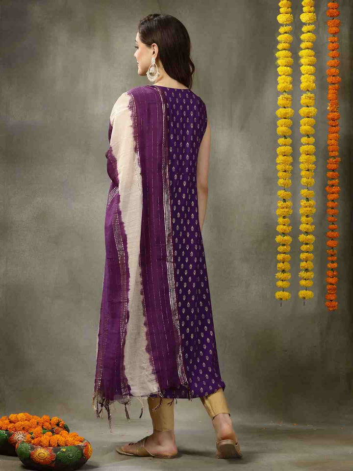 Printed &amp; Embroidered Rayon A-Line Kurta with Dupatta