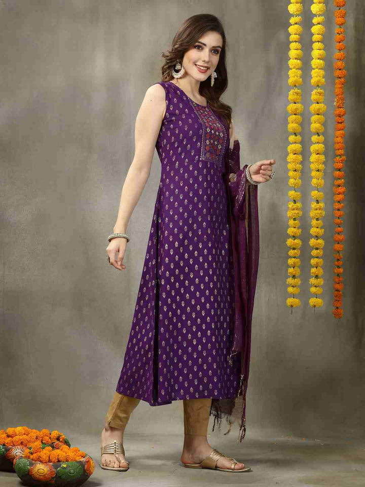 Printed &amp; Embroidered Rayon A-Line Kurta with Dupatta