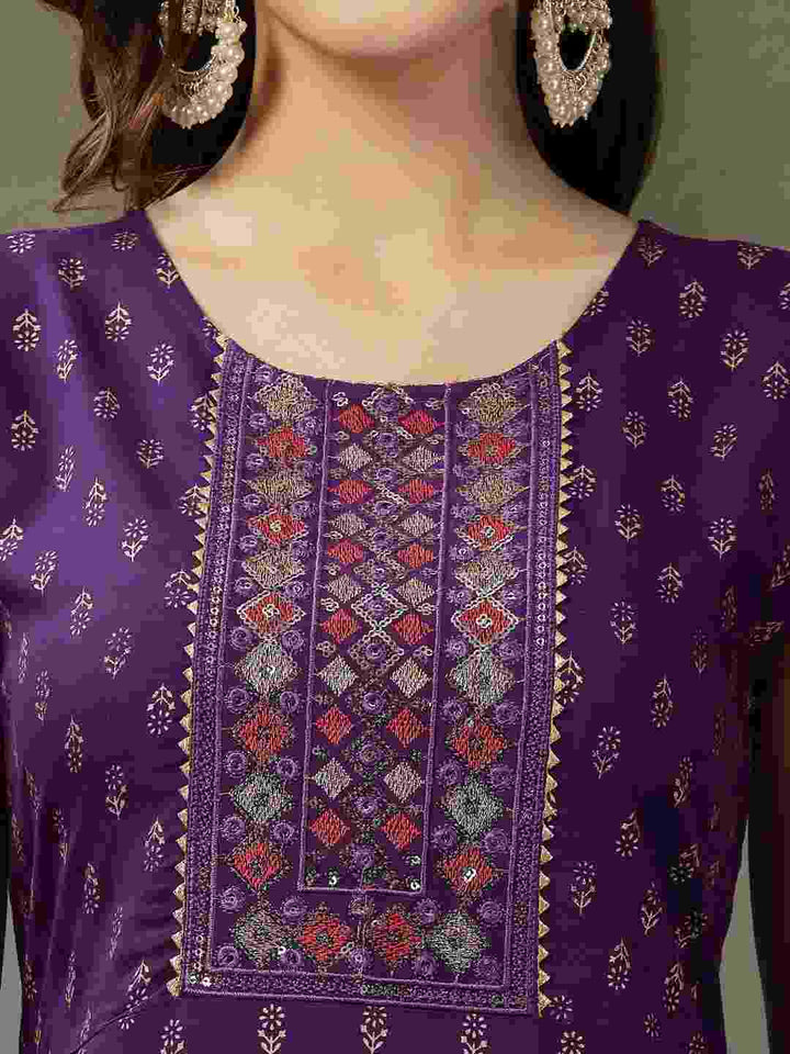 Printed &amp; Embroidered Rayon A-Line Kurta with Dupatta