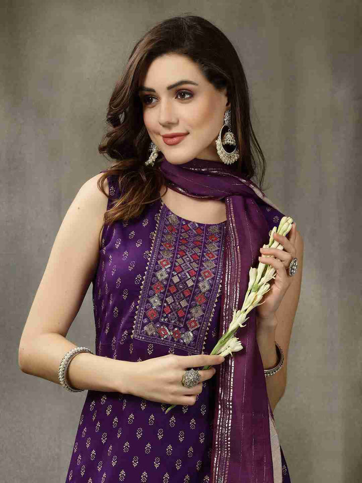 Printed &amp; Embroidered Rayon A-Line Kurta with Dupatta