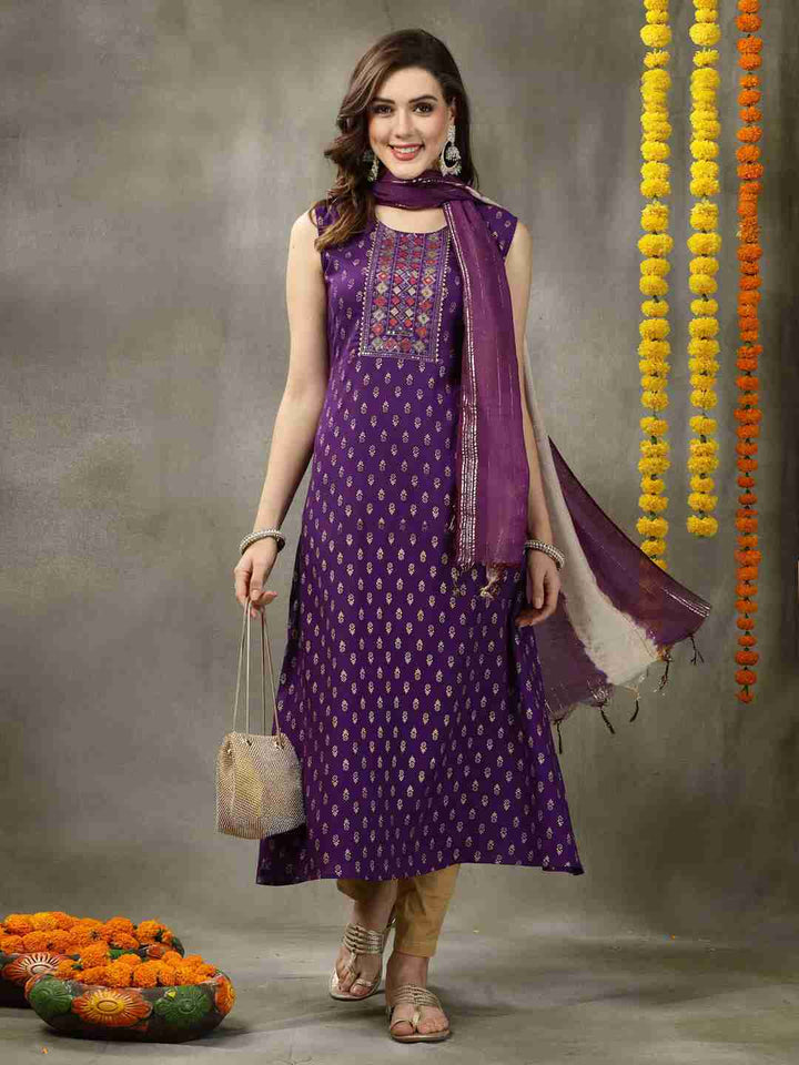 Printed &amp; Embroidered Rayon A-Line Kurta with Dupatta