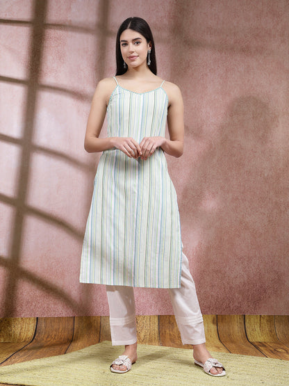 Woven Striped Cotton Blend Straight Kurta