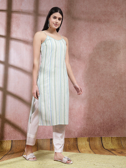Woven Striped Cotton Blend Straight Kurta