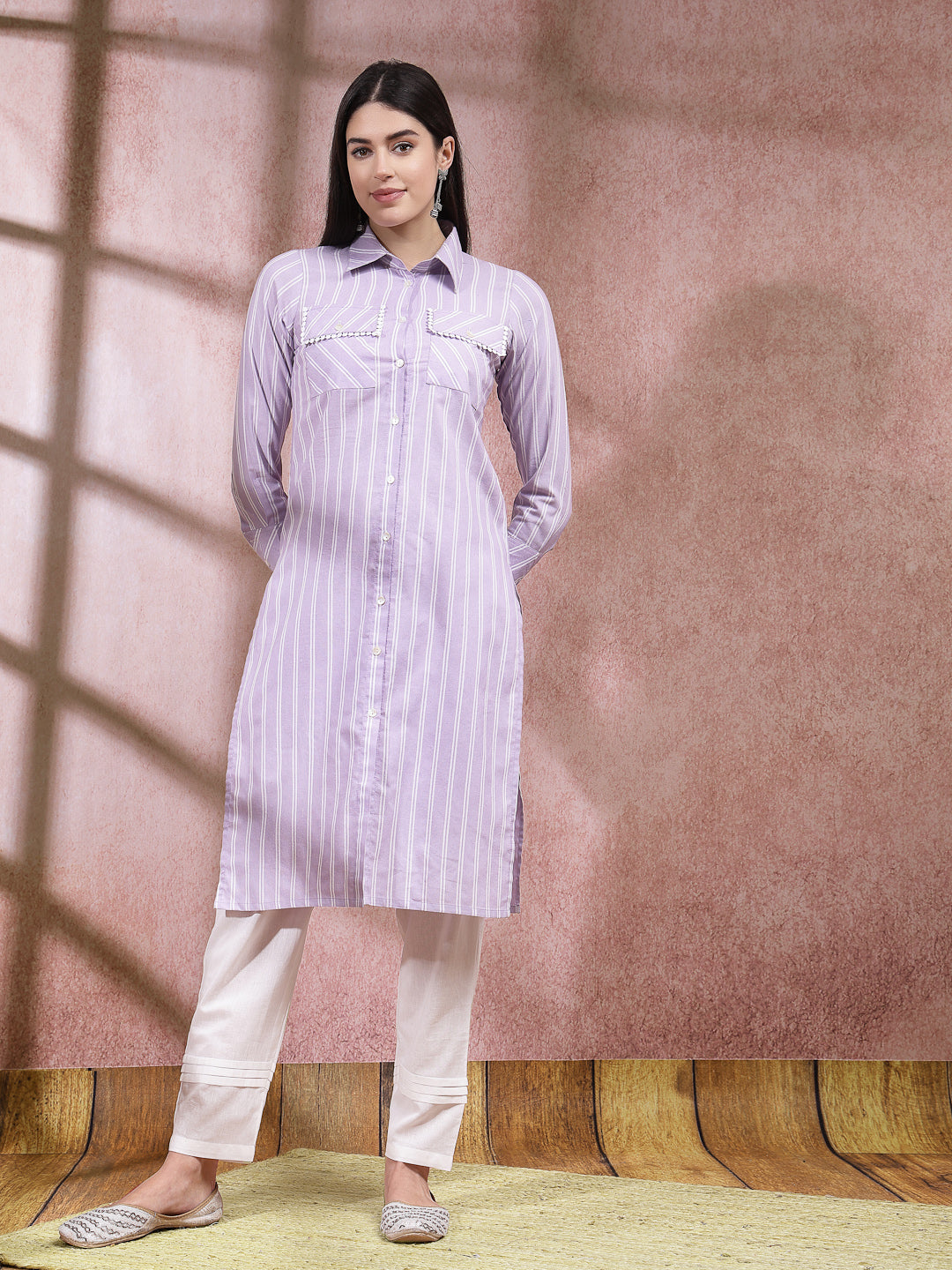 Woven Striped Cotton Blend Straight Kurta