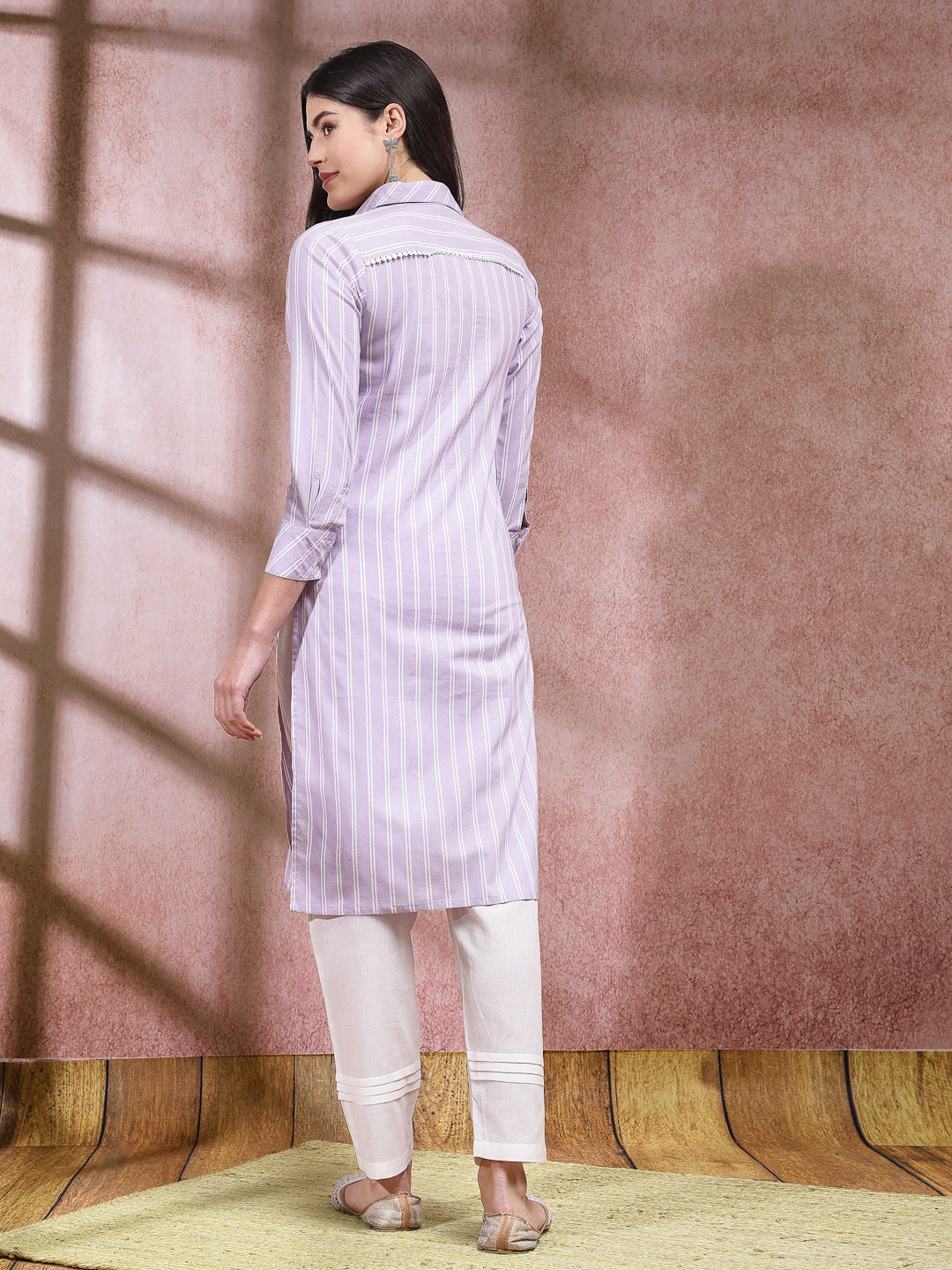 Woven Striped Cotton Blend Straight Kurta