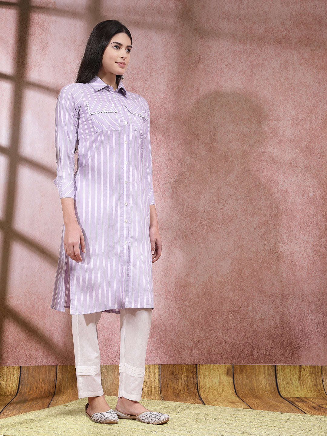 Woven Striped Cotton Blend Straight Kurta