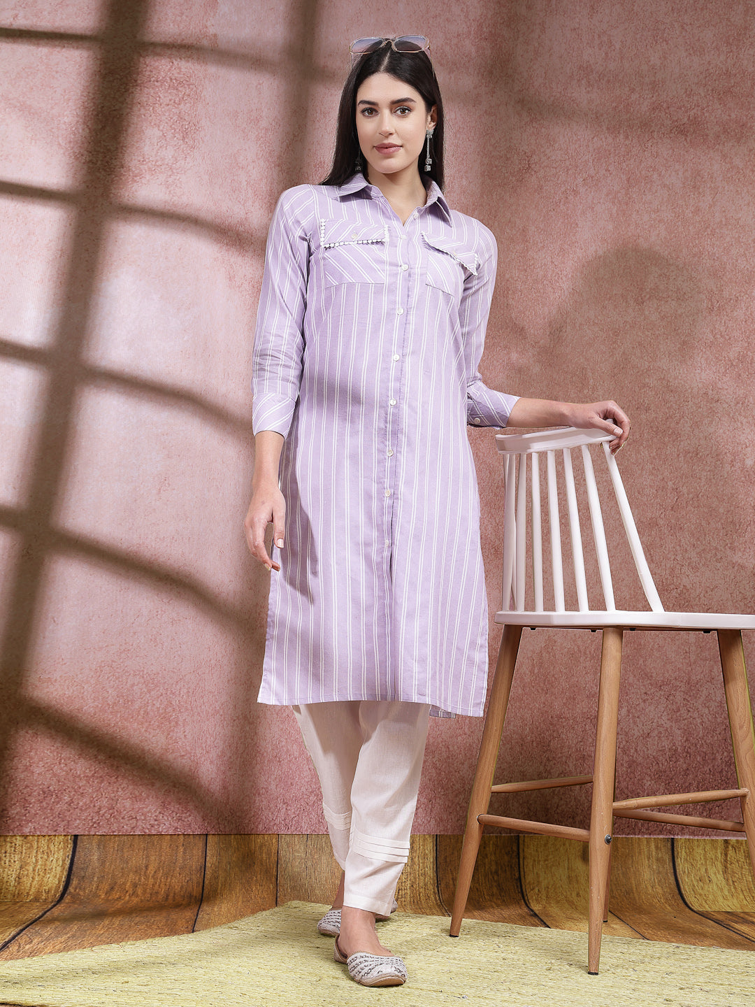 Woven Striped Cotton Blend Straight Kurta
