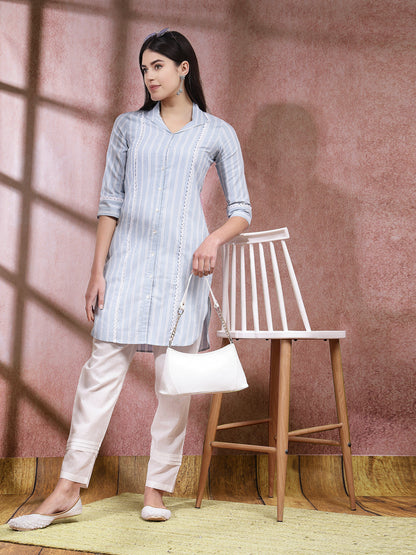 Woven Striped Cotton Blend Straight Kurta