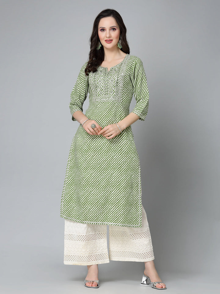 Leheriya Printed &amp; Embroidered Rayon Straight Kurta