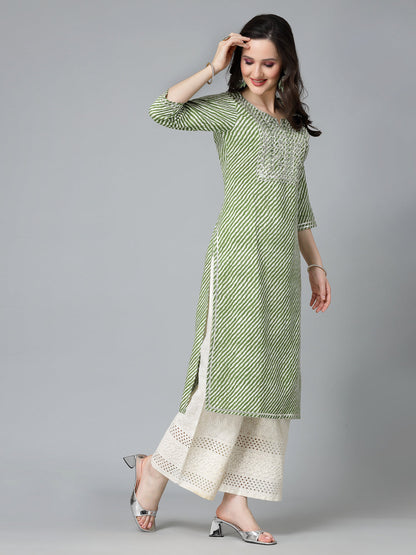 Leheriya Printed & Embroidered Rayon Straight Kurta