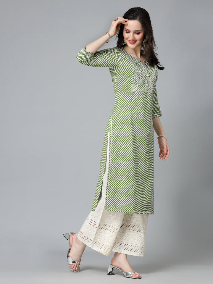 Leheriya Printed &amp; Embroidered Rayon Straight Kurta