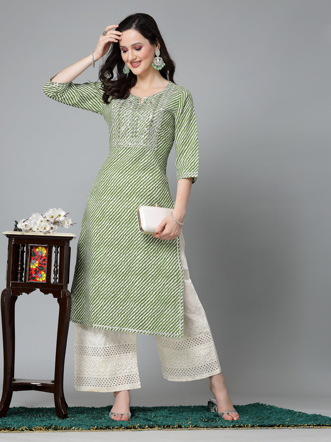 Leheriya Printed &amp; Embroidered Rayon Straight Kurta