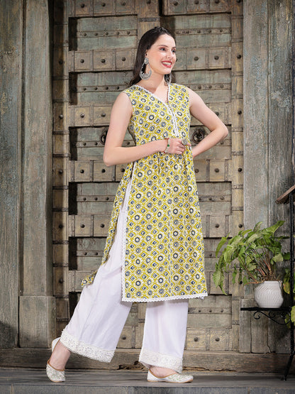Geometric Printed Cotton Pleated Kurta
