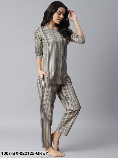 Women's Striped Cotton Night Suit Set (Grey)