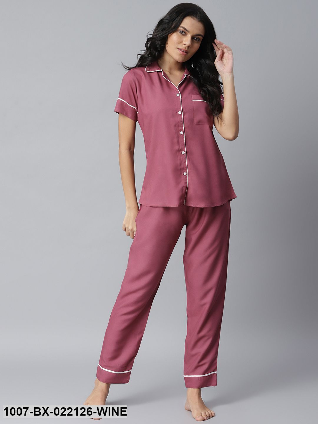 Women's Solid Rayon Night Suit Set (Pastel Wine)