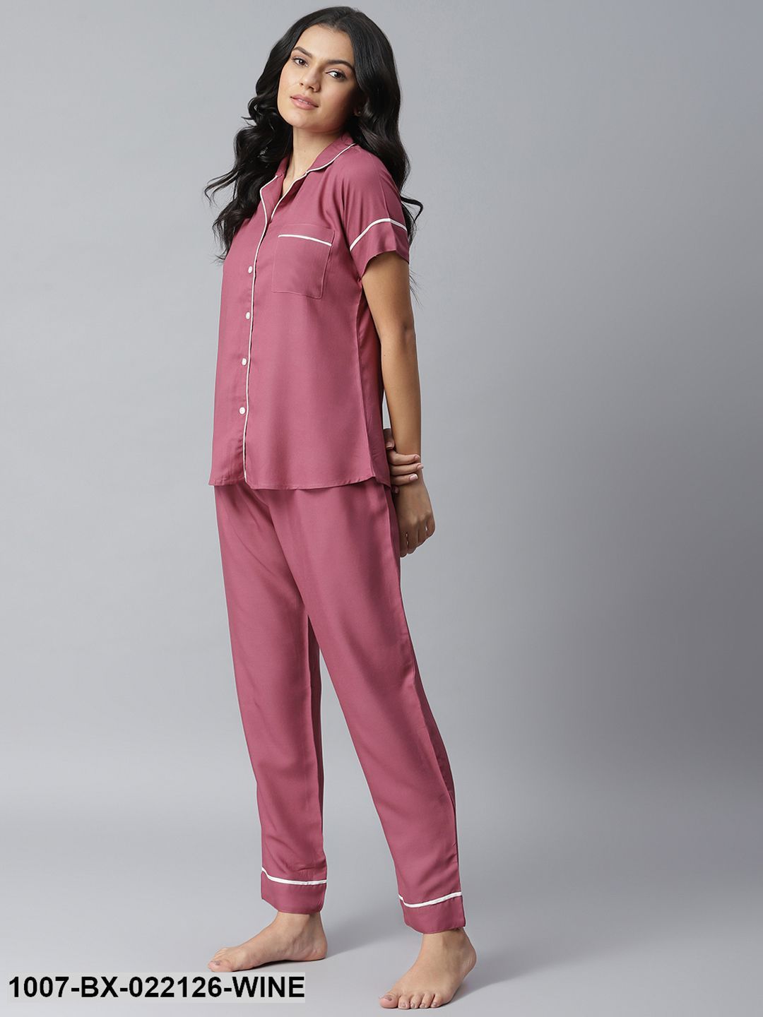 Women's Solid Rayon Night Suit Set (Pastel Wine)