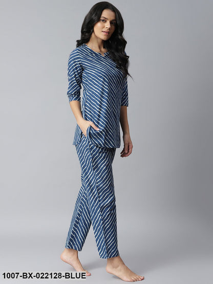 Women's Leheriya Cotton Night Suit Set (Blue)