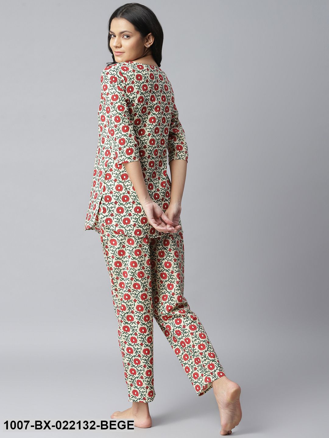 Women's Floral Printed Cotton Night Suit Set (Beige)
