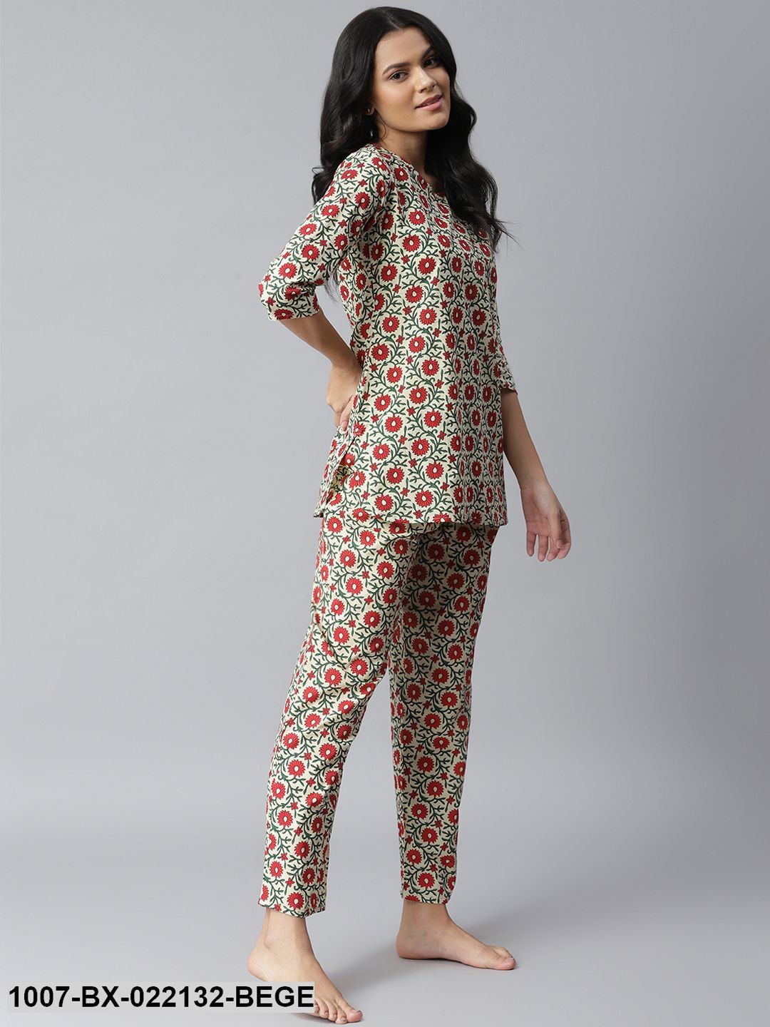 Women's Floral Printed Cotton Night Suit Set (Beige)