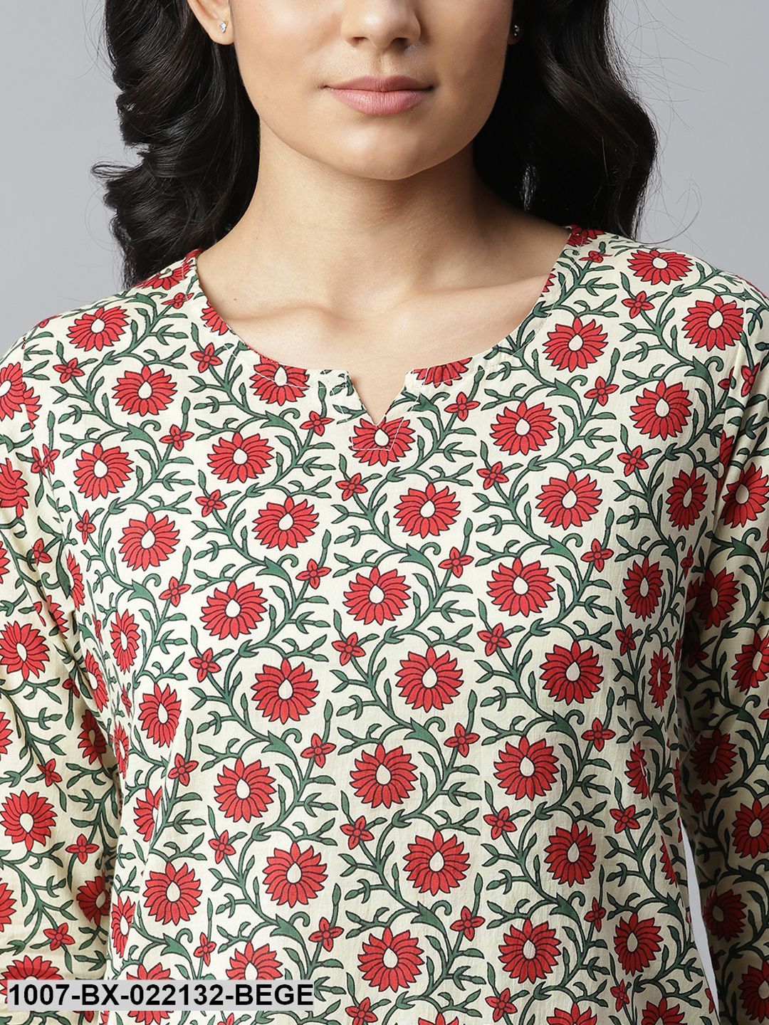 Women's Floral Printed Cotton Night Suit Set (Beige)