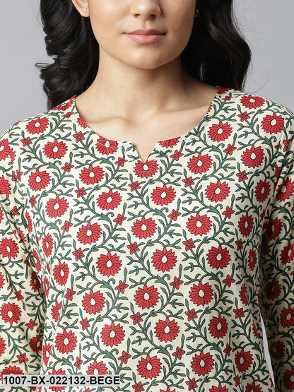 Women's Floral Printed Cotton Night Suit Set (Beige)