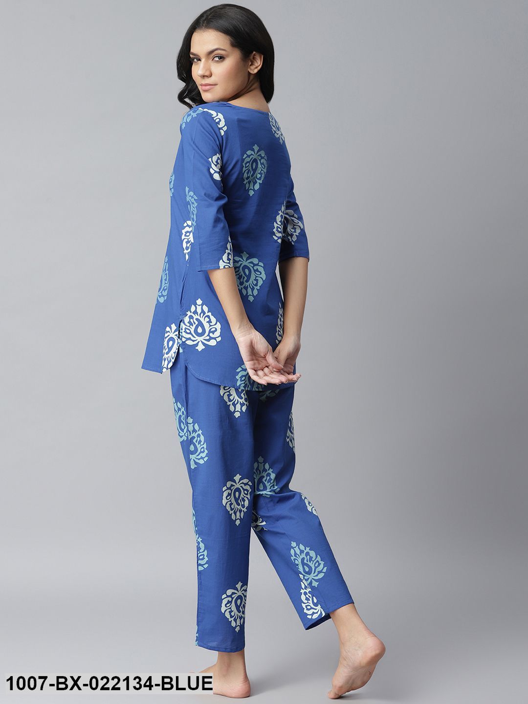 Women's Printed Cotton Night Suit Set (Blue)