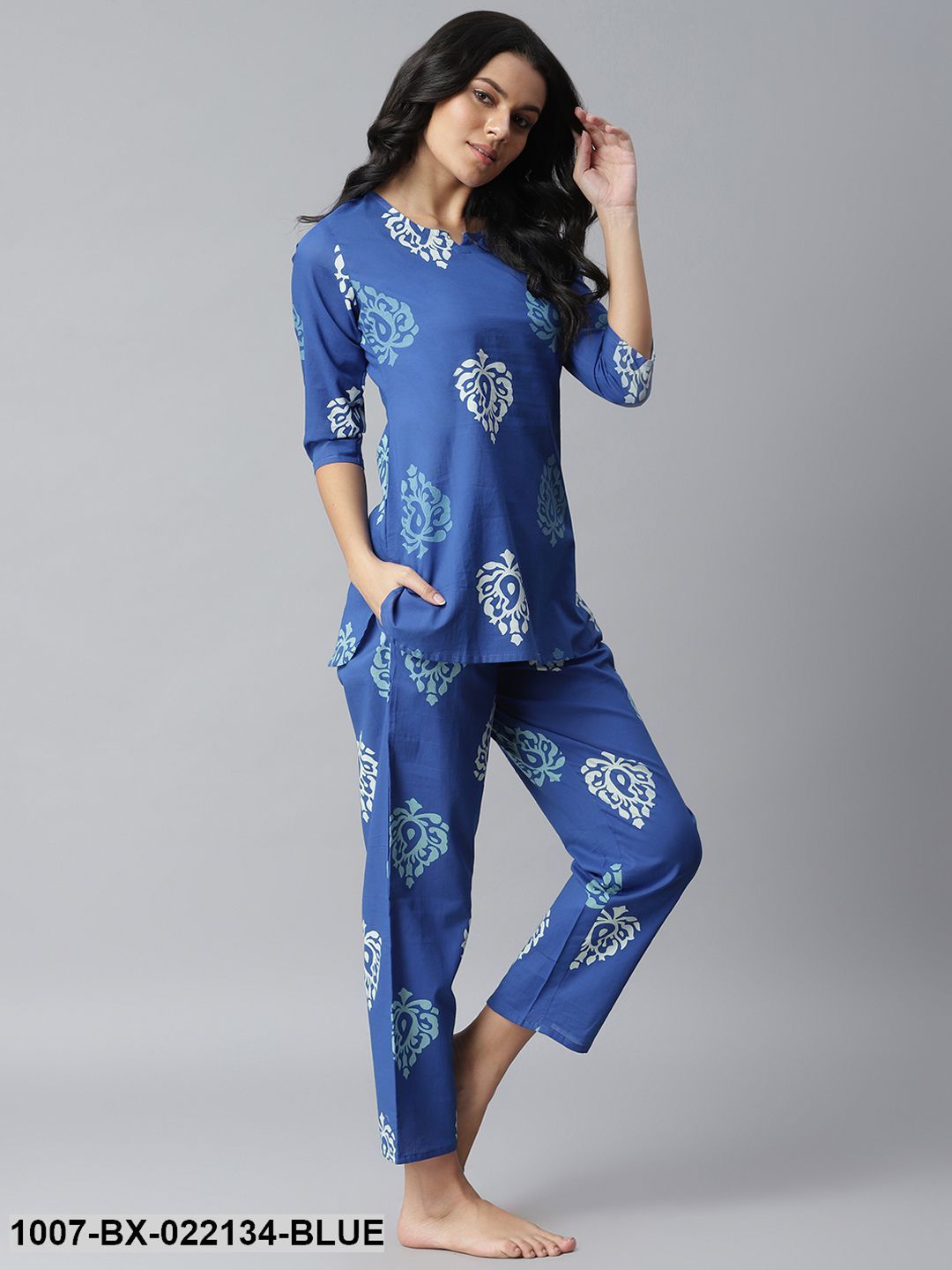Women's Printed Cotton Night Suit Set (Blue)
