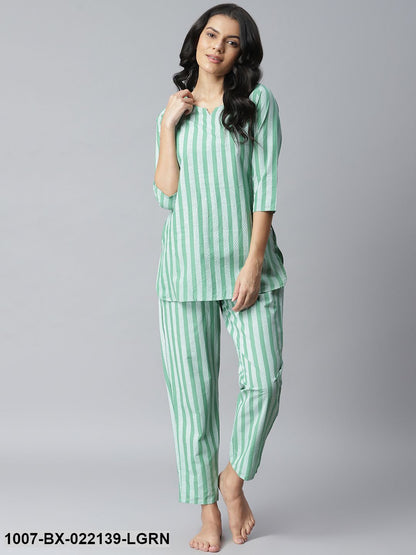 Women's Striped Cotton Night Suit Set (Light Green)