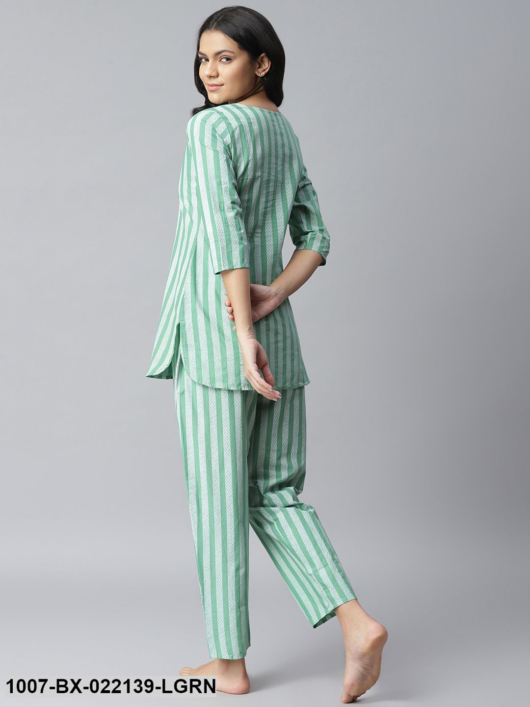Women's Striped Cotton Night Suit Set (Light Green)