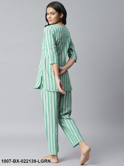 Women's Striped Cotton Night Suit Set (Light Green)