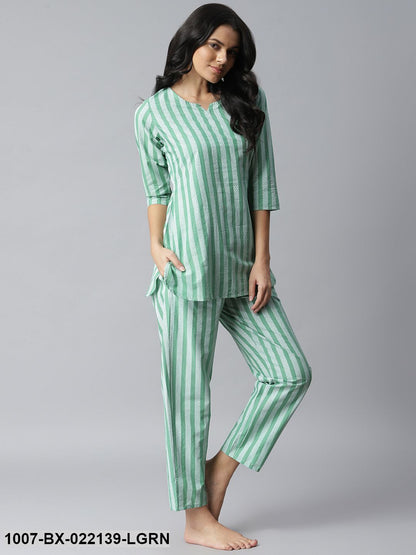 Women's Striped Cotton Night Suit Set (Light Green)