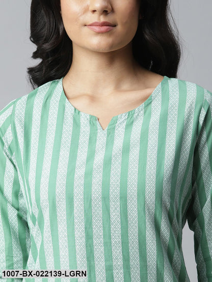 Women's Striped Cotton Night Suit Set (Light Green)
