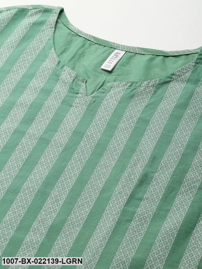 Women's Striped Cotton Night Suit Set (Light Green)