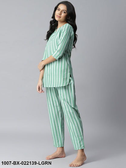 Women's Striped Cotton Night Suit Set (Light Green)