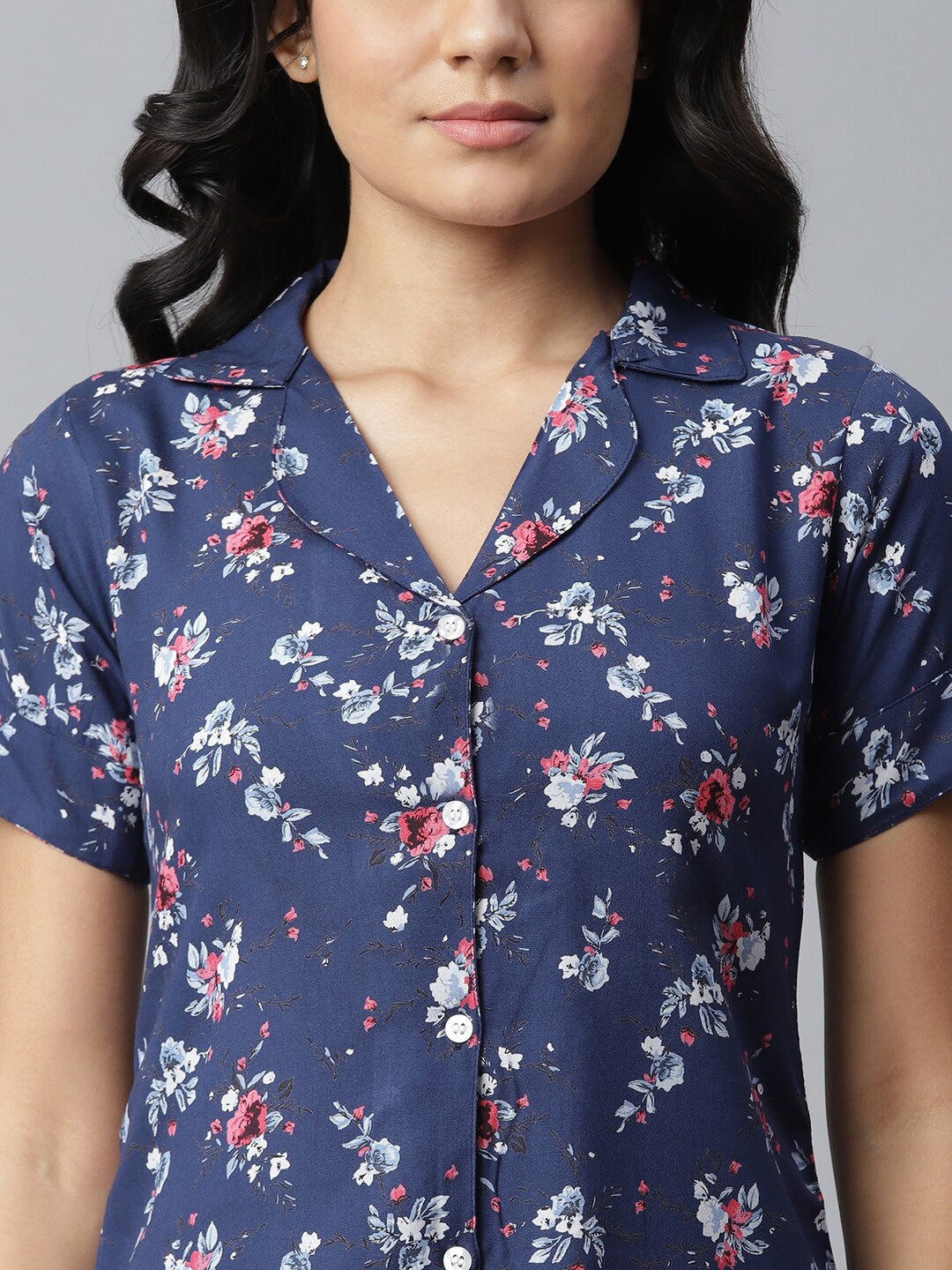 Women's Floral Printed Rayon Night Suit Set (Blue)