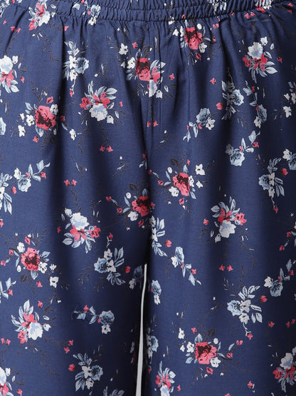 Women's Floral Printed Rayon Night Suit Set (Blue)