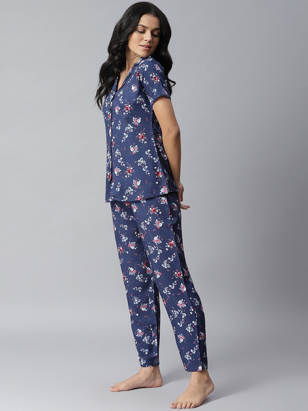Women's Floral Printed Rayon Night Suit Set (Blue)