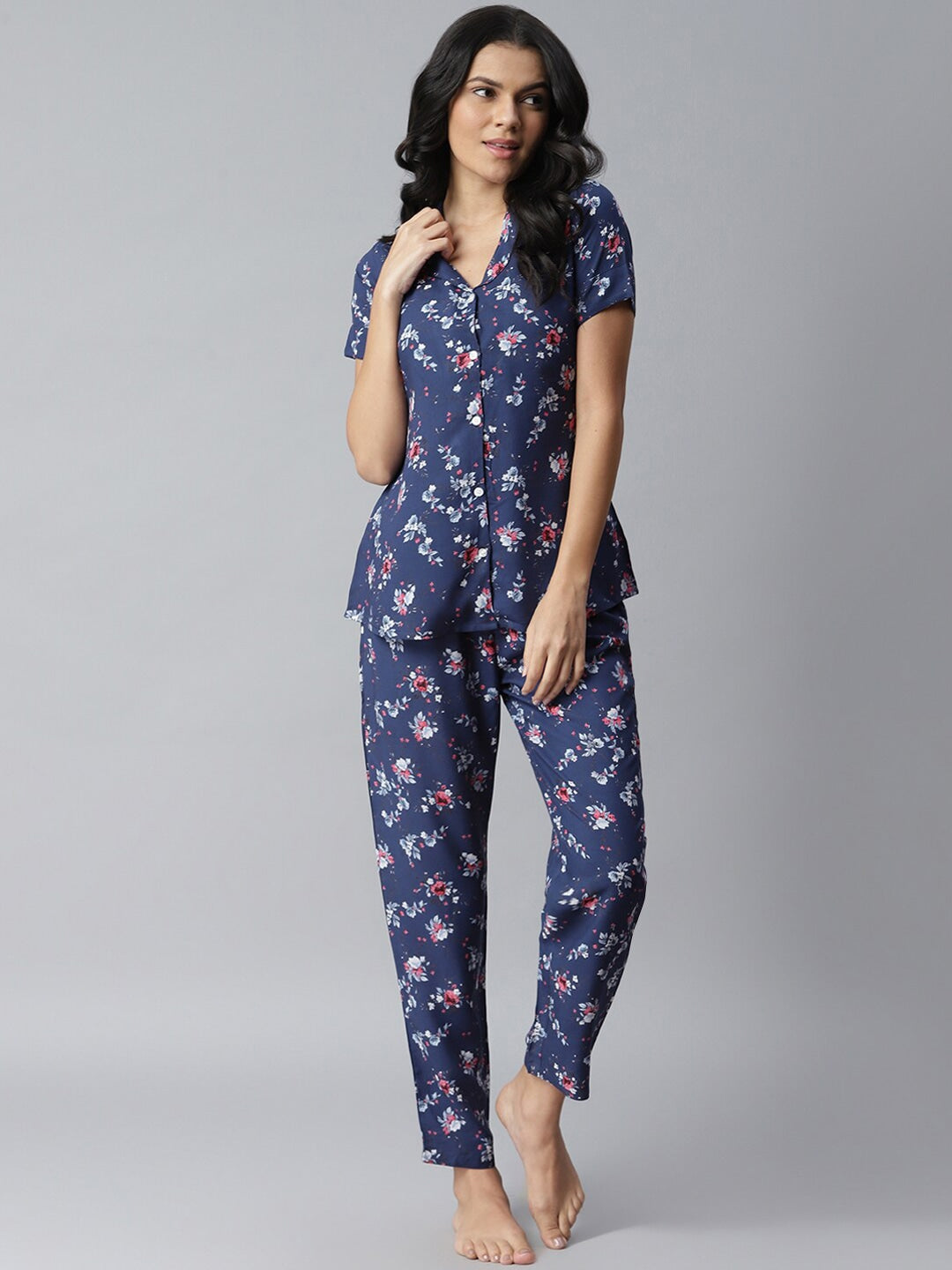 Women's Floral Printed Rayon Night Suit Set (Blue)
