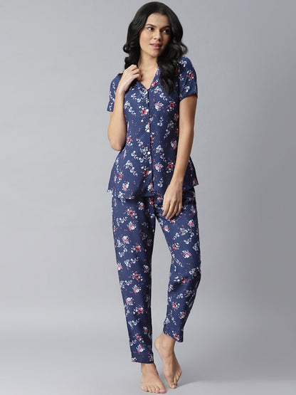 Women's Floral Printed Rayon Night Suit Set (Blue)