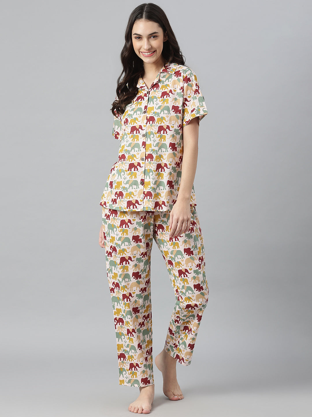 Elephant Printed Cotton Night Suit Set