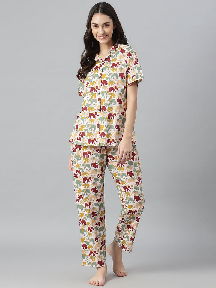 Elephant Printed Cotton Night Suit Set