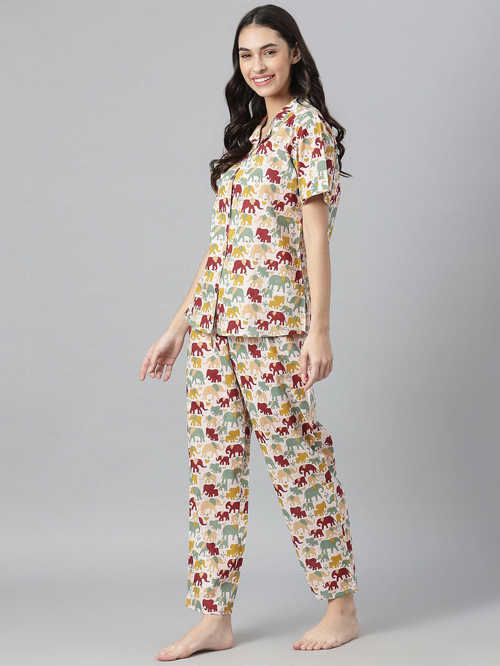 Elephant Printed Cotton Night Suit Set