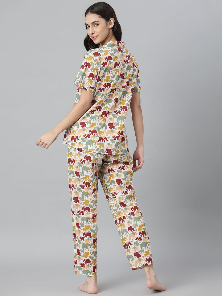 Elephant Printed Cotton Night Suit Set