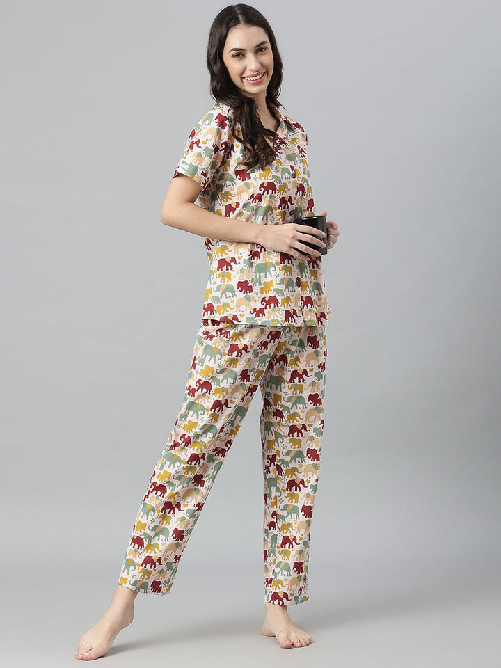 Elephant Printed Cotton Night Suit Set