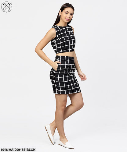 Black Check Boat Nect Crop Top With High Waisted Skirt