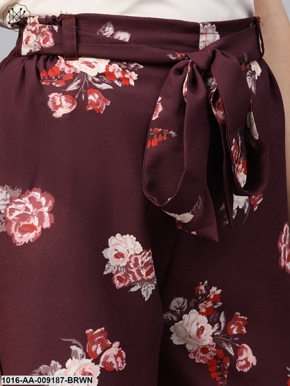 Solid V-Neck Sleevles Top With Floral Printed High -Waisted Ruffled Waistband Attached With A Belt Palazzo Pants