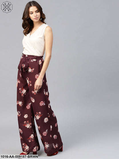 Solid V-Neck Sleevles Top With Floral Printed High -Waisted Ruffled Waistband Attached With A Belt Palazzo Pants